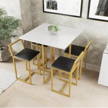 Imagem de Conjunto de Mesa Branca 4 Cadeiras Pequena Estofado Industrial Dourado (Preto)