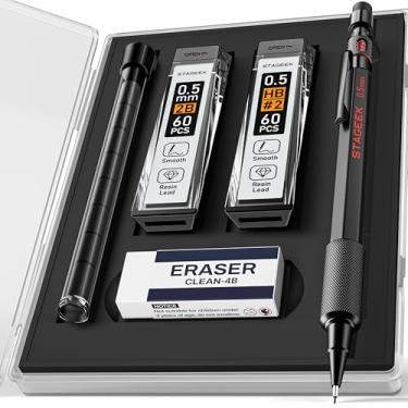 Imagem de STAGEEK Lápis mecânicos 0,5 com estojo, lapiseira de metal à prova de intempéries para artistas ao ar livre com 120 recargas de grafite HB e 2B, borracha, para escrever, desenhar e esboçar