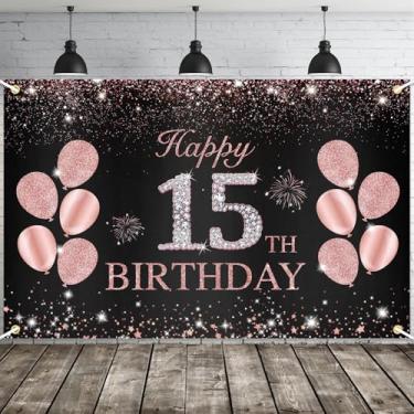 Imagem de JOYKY Faixa de feliz aniversário de 15 anos, decorações de festa de aniversário de 15 anos de ouro rosa para meninas, decoração de pano de fundo de suprimentos de aniversário de 15 anos, 15 x 3,8 pés