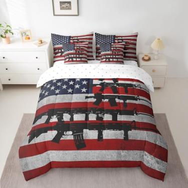 Imagem de jejeloiu Conjunto de edredom solteiro com bandeira dos EUA, 7 peças, metralhadoras, para crianças, meninos e meninas, cama militar em uma bolsa com edredom, fronhas, lençol de cima, lençol com