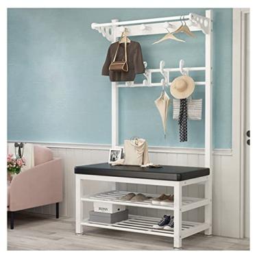 Imagem de Cabideiro, sapato, banco, 4 em 1, hall de entrada, árvore com 15 ganchos e banco de armazenamento de sapatos de 2 níveis, haste de metal para pendurar jaqueta fácil de montar, 172 cm de altura