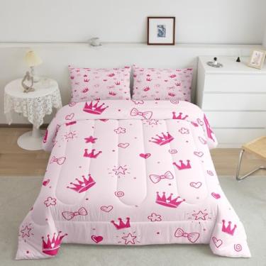 Imagem de Feelyou Conjunto de edredom de decoração de laço, tamanho casal, coroa, laço, coração, princesa, aquarela, rosa, conjunto de edredom feminino kawaii com 2 fronhas