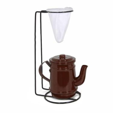Imagem de Jogo De Café Mini Bule 400ml Alumínio + Suporte Com Coador - Marrom - 