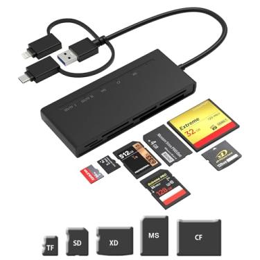 Imagem de Adaptador Memory Stick Pro Duo USB C/USB 3.0/Lightning Conector triplo Leitura Simultaneamente SD CF Micro SD MS XD, leitor de cartão de memória 7 em 3, adaptador USB C Lightning OTG para iPhone, PC