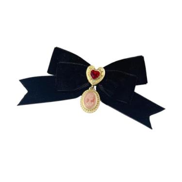 Imagem de Broche de laço de camafeu vitoriano pendurado pré-amarrado cristal vermelho amor coração gravata broche para mulheres meninas broches de fita de veludo alfinetes barroco camisa social corsage