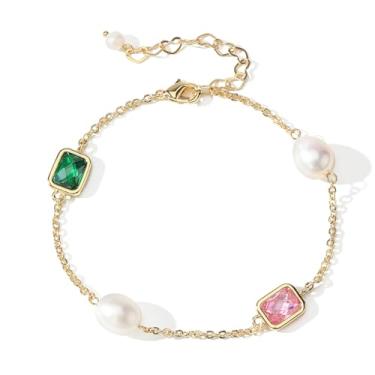 Imagem de XYJZXY Pulseira feminina de pérola dourada banhada a ouro 18 K com elos de pérola e zircônia cúbica ajustável, One Size, Latão, Zircônia cúbica