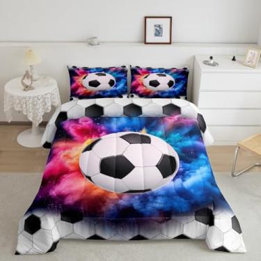 Imagem de Feelyou Jogo de cama casal com estampa colorida de futebol americano, para crianças, meninos, meninas, temática esportiva, edredom de microfibra macia