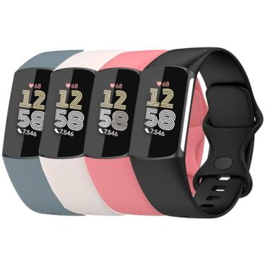 Imagem de Anuoli Pacote com 2 pulseiras de substituição compatíveis com Fitbit Charge 6 Charge 5, pulseira de substituição de silicone macio para mulheres e homens (preto_rosa_azul_branco-lua, P (14 cm a 19,78