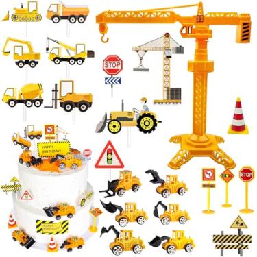 Imagem de HERCOCCI 25Pcs Construction Cake Topper, Excavator Tower Cupcake Topper Bulldozer Backhoe Traffic Road Sign Cake Decor Vehicles Decorations Construction Birthday Party Supplies