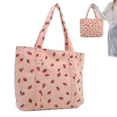 Imagem de Bolsa feminina de morango, sacola fofa de cereja para mulheres, bolsa de lona remendada, bolsa de ombro fofa, bolsa de ombro com vários bolsos, bolsa de mão para trabalho e viagens, Rosa, 12x13x4''