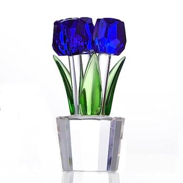 Imagem de Qianwei Estatueta de flores de tulipas de cristal azul com vaso - buquê de flores de vidro estatuetas colecionáveis cristal escritório decoração de casa peso de papel - presentes de tulipa para mulheres mãe melhor amiga aniversário de casamento