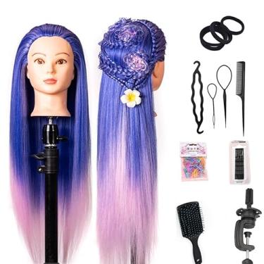 Imagem de YANZIJF Cabeça De Manequim Com Cabelo 26" Boneca Estilo Cosmetologia Fibra Sintética Multicolorida (Suporte Mesa Incluído) (Azul Rosa Multicolorido)