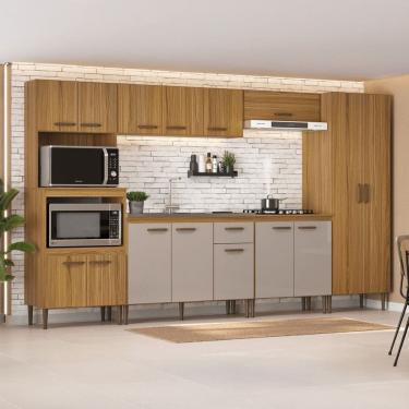 Imagem de Armário de Cozinha Zella com Balcao para Pia e Cooktop 15 Portas 1 Gaveta Ipê/Cristalo - Pnr Móveis