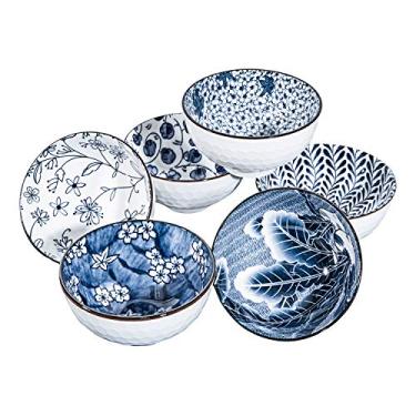 Imagem de Swuut Tigelas de arroz de cerâmica estilo japonês, 283 g para salada pequena, sopa, sorvete, lanche, molho conjunto de 6, azul e branco, seguro para micro-ondas floral para cozinha (11,4 cm)