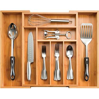 Imagem de Organizador de gaveta expansível de bambu para utensílios – Bandeja de talheres ajustável com divisórias para talheres, talheres e facas na cozinha, quarto ou sala de estar