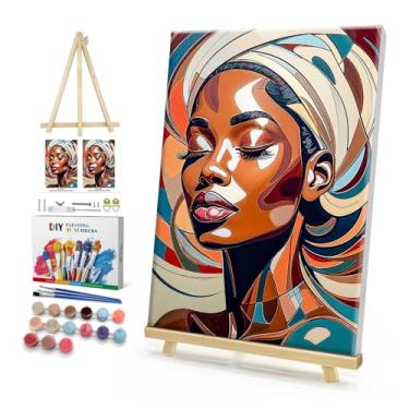 Imagem de HeeBenor Kit de pintura emoldurada por números para mulheres negras, pintura por número, mulher negra com cavalete, pintura a óleo acrílica faça você mesmo, kits de pintura para adultos por números