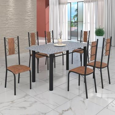 Imagem de Conjunto Sala De Jantar Mesa Tubo 140x75cm Tampo Pedra Granito Com 6 Cadeiras Marrom-preto Fosco