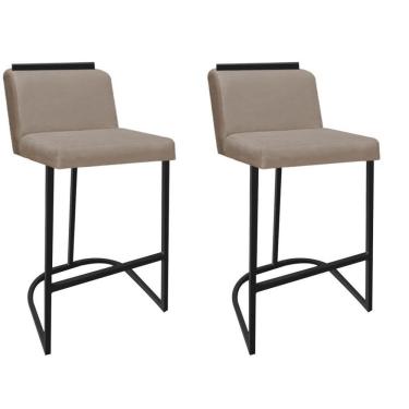 Imagem de Kit 02 Banquetas Com Encosto Confort Bistrô Cozinha Ferro Preto Sintético Bege Amey Decor