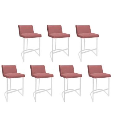Imagem de Kit 07 Banquetas Com Encosto Confort Bistrô Cozinha Ferro Branco Suede Rose Gold Amey Decor