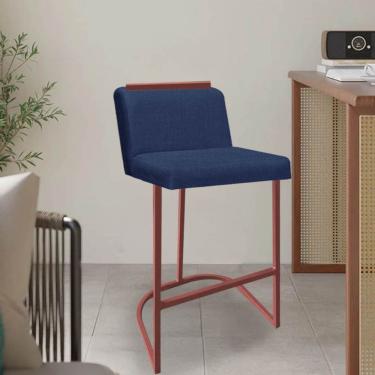 Imagem de Banqueta Com Encosto Nynna Luxo Confort Bistrô Cozinha Ferro Bronze Linho Azul Marinho - Amey Decor
