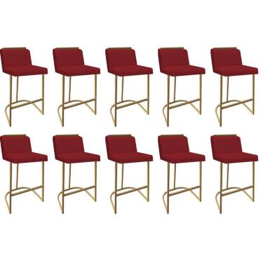 Imagem de Kit 10 Banquetas Com Encosto Confort Bistrô Cozinha Ferro Dourado Sintético Vermelho Amey Decor