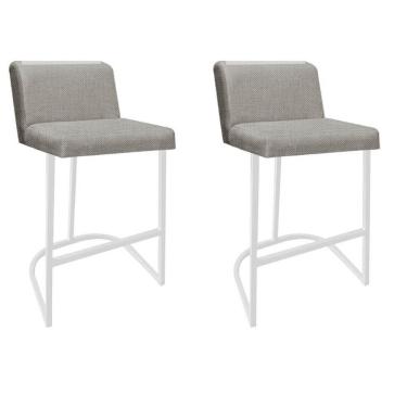 Imagem de Kit 02 Banquetas Com Encosto Nynna Luxo Confort Bistrô Cozinha Ferro Branco Linho Cru - Amey Decor