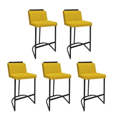 Imagem de Kit 05 Banquetas Com Encosto Confort Bistrô Cozinha Ferro Preto Sintético Amarelo Amey Decor