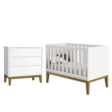Imagem de Jogo De Quarto Infantil Cômoda 3 Gavetas E Berço Classic Branco Fosco Com Pés Amadeirado Reller Móveis Branco Fosco