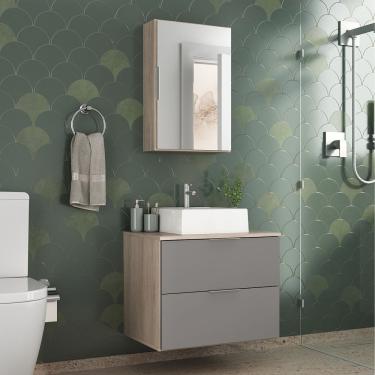 Imagem de Conjunto Gabinete Banheiro Rubi 60cm Gabinete + Cuba + Espelheira Madeirado Cinza