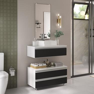Imagem de Conjunto De Gabinete Banheiro Creta 80cm (gabinete+cuba+espelheira) Branco Preto