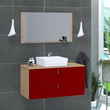 Imagem de Gabinete De Banheiro Suspenso 2 Gavetas Berlim 60cm Freijó Amadeirado E Vinho - Vermelho
