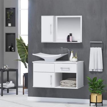 Imagem de Gabinete De Banheiro Inferior E Superior New Stilo 2 Portas 1 Gaveta Cor Branco - Branco