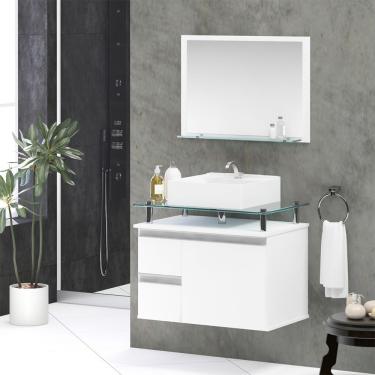 Imagem de Conjunto Gabinete Banheiro 2 Gavetas 1 Porta 60cm Com Espelheira Diamante - Branco - Branco