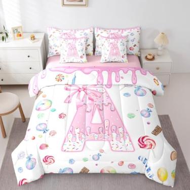 Imagem de Feelyou Conjunto de cama casal com laço rosa, 7 peças, com inicial personalizada, sorvete de verão, arco-íris, sobremesa, adolescentes, 7 peças