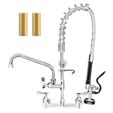 Imagem de NETISR Torneira comercial de 91 cm de altura com pulverizador, latão cromado para montagem na parede torneira de pia de cozinha de restaurante pré-enxágue, centro ajustável de 20 cm e bico giratório