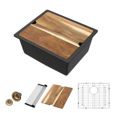 Imagem de Donsdey Pia de cozinha pequena composta de granito, pia de barra úmida com estação de trabalho, quartzo, tigela única semelhante a pedra natural (preto fosco, 53 cm)