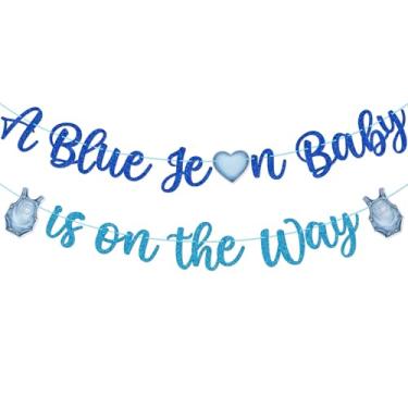 Imagem de Roupas de jeans para bebês, faixa de chá de bebê, decoração de chá de bebê com tema de jeans, faixa de bebê está a caminho, glitter azul