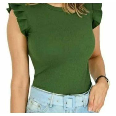 Imagem de Blusa feminina manga curta babado malha canelada - Filó Modas, m, Cinz