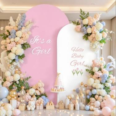 Imagem de Conjunto de capa de fundo de arco branco e rosa de 6 a 2,2 m, capas de arco de 1,8 m, elástico de elastano para chá de bebê, para meninas, festa de aniversário, casamento, chá de panela, decoração de
