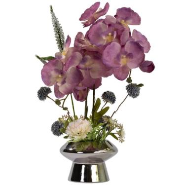 Imagem de LESING Arranjo de flores de orquídeas em vaso, flor artificial de orquídea de seda falsa com vaso de cerâmica, flor de orquídea sintética, bonsai vívido Phalaenopsis para decoração de vasos (vaso de