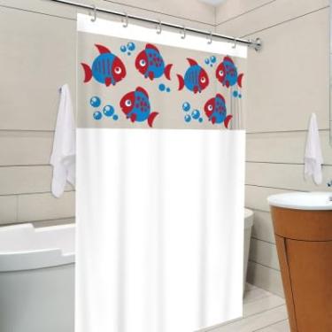 Imagem de Cortina de Chuveiro Infantil com Estampa de Peixes, Azul e Branco, Decorativa para Banheiro