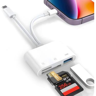 Imagem de Leitor de cartão SD para iPhone iPad Mac, adaptador de câmera digital para iPhone Lightning e conector duplo USB C, visualizador de cartão de memória de câmera de trilha com compartimento SD/Micro SD