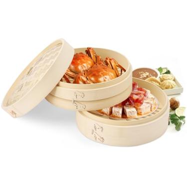 Imagem de Panela de Bambu Vaporeira, Vaporizador de Alimentos Dim Sum com tampa, 25 * 7,5 cm, Cesta de Cozimento a Vapor, Bambu, para Peixe Guioza Legumes, Kitchen Vaporizador de Alimentos