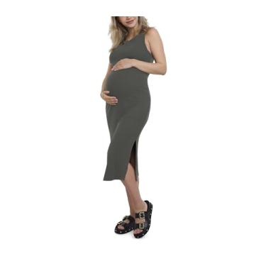 Imagem de Motherhood Maternity Vestido feminino colado ao corpo midi de malha canelada costas nadador sem mangas, Profundidades Profundas, GG
