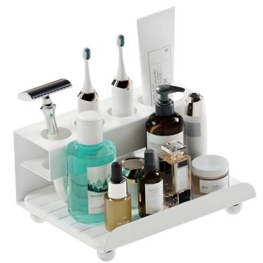 Imagem de YOOLENS Suporte de escova de dentes elétrica de secagem rápida, 4 compartimentos, organizador de balcão de banheiro de metal para pasta de dente, enxaguante bucal, branco