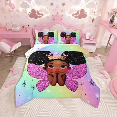 Imagem de Feelyou Conjunto de edredom fofo para meninas negras, temática de princesa, com 1 fronha, microfibra afro-americana, roupa de cama solteiro, arco-íris mágico, para decoração de quarto, edredom macio e