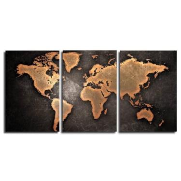 Imagem de Quadro Decorativo Mapa Mundi em Canvas, 3 Painéis 90x40 cm, Preto e Dourado, Impressão Digital