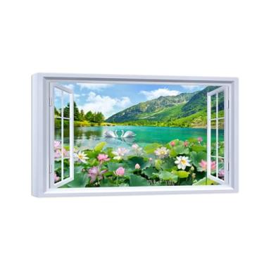 Imagem de Impressões em tela paisagens-Arte parede janela falsa-Lótus lago na montanha-Natureza Pintura Decoração Banheiro Tela Embrulhada 70x115cm