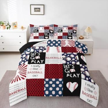Imagem de Erosebridal Conjunto de edredom de beisebol para meninos, solteiro, para meninas, vermelho, azul, bola esportiva, estilo patchwork, softball, jogo de edredom