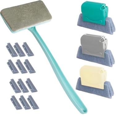 Imagem de Limpador de tela de janela com alça removível de 40,6 cm e 3 escovas ranhuradas – Ferramenta de limpeza de tela de malha de uso duplo úmido/seco, 12 panos reutilizáveis para trilhos, persianas